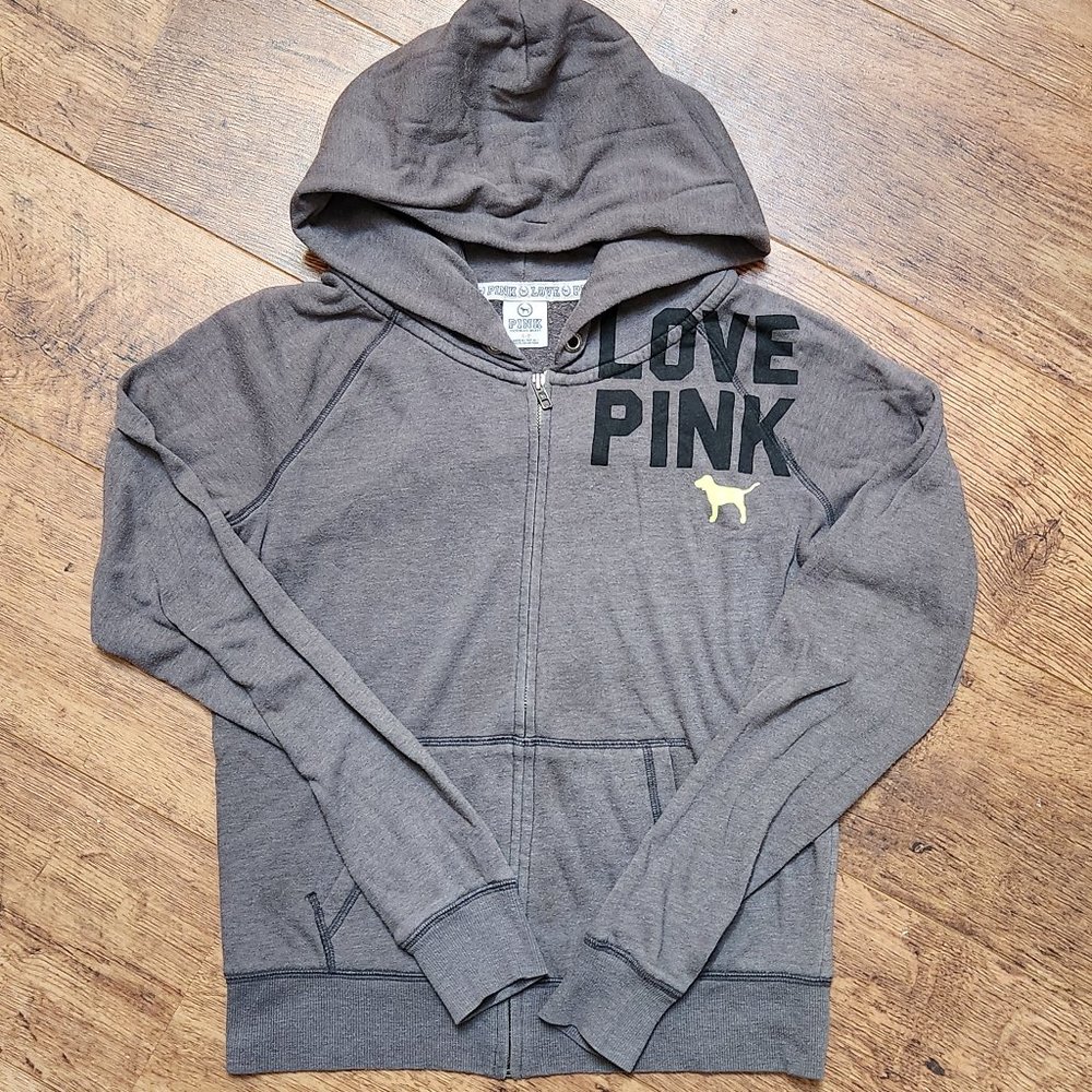 PINK Victoria's Secret Gray Zip-Up Hoodie - 'Love PINK'